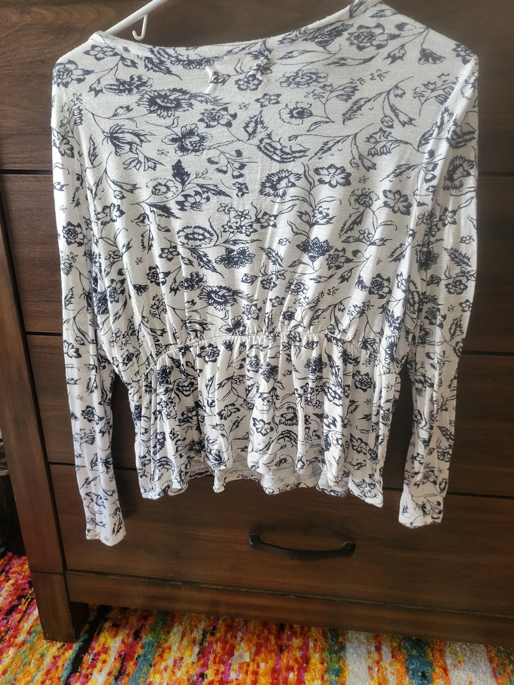 Lucky Brand White Long-Sleeve Floral Peplum Top with Navy Print